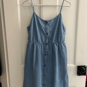 Blue button down spaghetti strap dress w/scoop neckline
